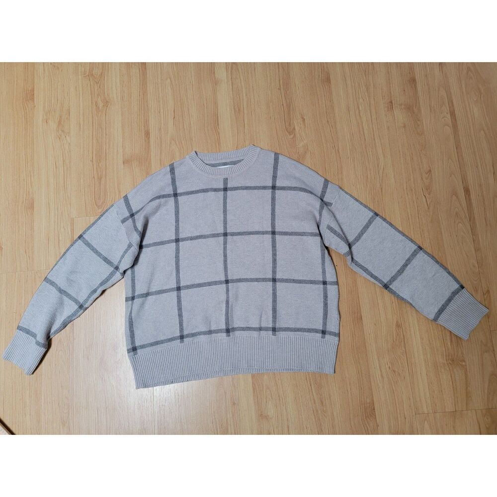 OAK + FORT Windowpane Check Crewneck Knit Sweater Gray XS